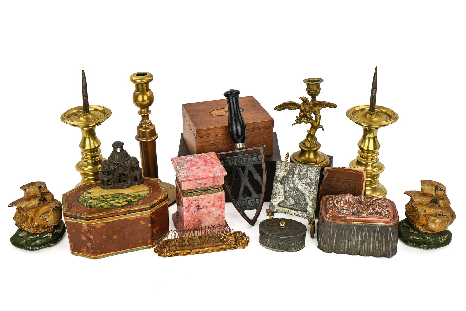 Candlesticks, Boxes, Bookends, etc: Brass candlesticks, copper mold, cast iron bookends, bank, trivet, small wooden boxes, etc