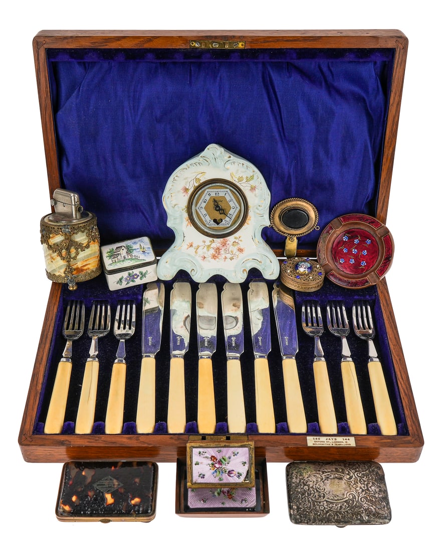Cased Knives, Clock, Enameled Pcs (1 of 8)