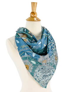 Hermes Silk Scarf: Hermes-Paris silk scarf. 35" x 35". Offrandes l'un jour. Blue florals with over head view of woman.