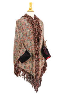 Fine 19th c Paisley Cape: Wonderful 19th c paisley cape. Insulated red satin interior. Burgundy velvet cuffs. Paisley velvet tassel fringed edge. Back with 2 woven corn floral rosettes and cord loop decoration. Low short arm s