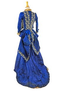 Mid 19th Blue Silk & Floral Needlework Dress: 2 part mid 19th c blue silk dress. Top with internal structure, ornate overall flower and vine needlework decoration, and lace cuffs and collar edge. Skirt with matching floral edge decoration. Discol