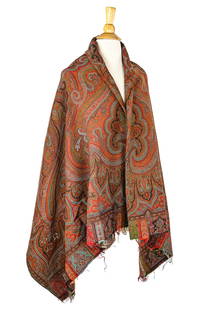 Late 19th c Paisley Shawl: Late 19th c paisley shawl, loose threads on reverse (in manufacture), small hole in black center medallion, stain, 132" x 132"