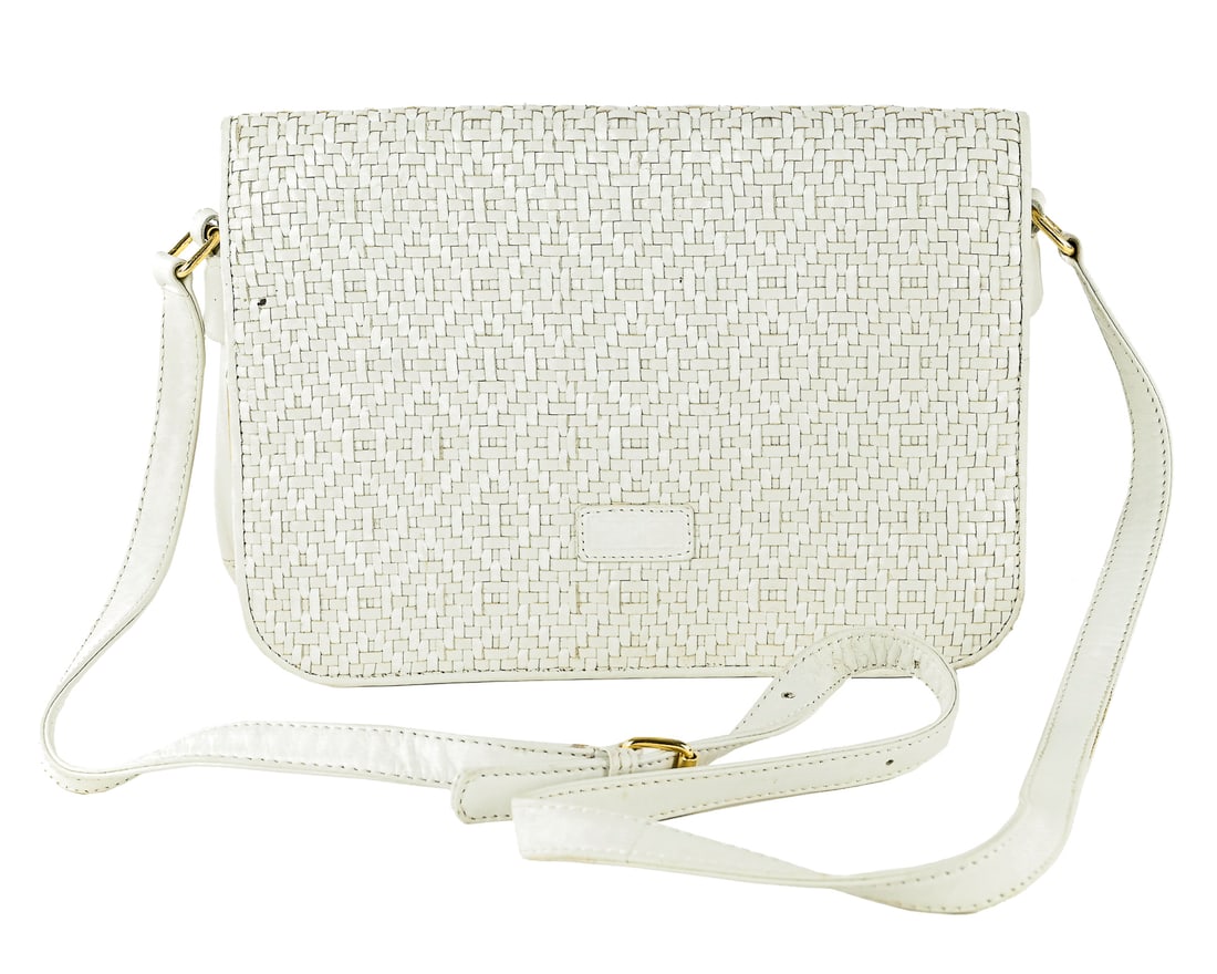 1970s Fendi White Woven Leather Crossbody Bag: Vintage 1970s Fendi crossbody bag in white woven leather, featuring a diamond-patterned flap design and adjustable shoulder strap. In overall good used condition with some creasing in the leather cons