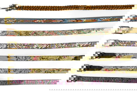 7 Etro Belts, Leather & Rope: Group of seven Etro belts in various styles and sizes, including six leather belts measuring 38", 36", 34" (x2), and 32" (x2), as well as one 32" woven rope belt. A stylish and versatile selection fro