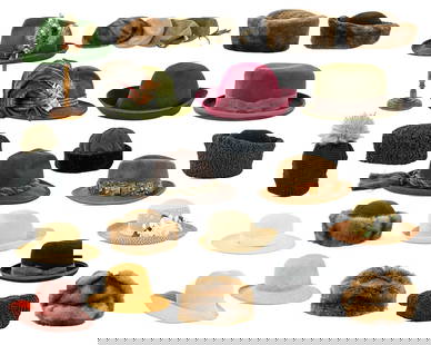 Group of 25 Hats – Fur, Wool Felt & Designer Styles: Including fur hats (possibly beaver, mink, and astrakhan) by Lenore Marshall and Maximilian, wool felt styles with feathers from Ralph Lauren, Makins, Ischler Hut, and Kirsten Bieri, and straw and bra