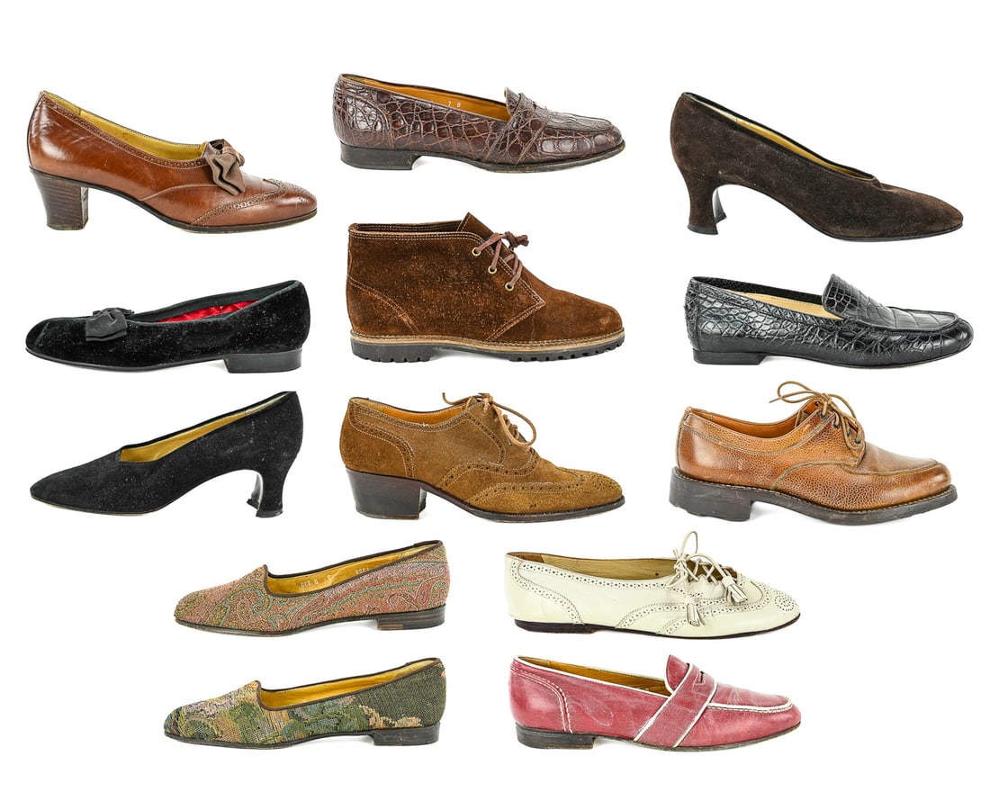 Ralph Lauren & YSL Women’s Shoes, Size 6.5–7: Group of thirteen pairs of women’s shoes, primarily Ralph Lauren, including grainy leather slides (6.5), woven leather-soled slides (7), patterned leather-soled slides (7), pebbled leather slides (7