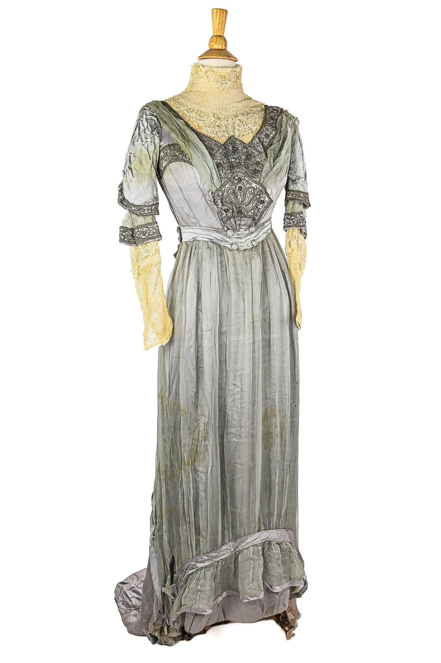 Ca. 1910 Grey Silk Crepe Dress: Ornate ca. 1910 grey silk crepe dress with metallic thread detailing. and floral lace trim. Purple/grey silk crepe skirt with sheer grey fabric. Interior purple satin lining is shredded.