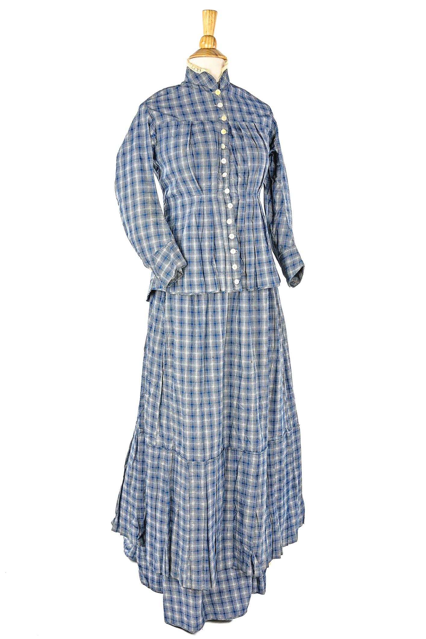 Ca. 1880 Printed Blue Plaid 2 Part Dress: Ca. 1880 printed blue plaid 2 part dress. Day wear. Mother of pearl buttons, staining, overall good condition.