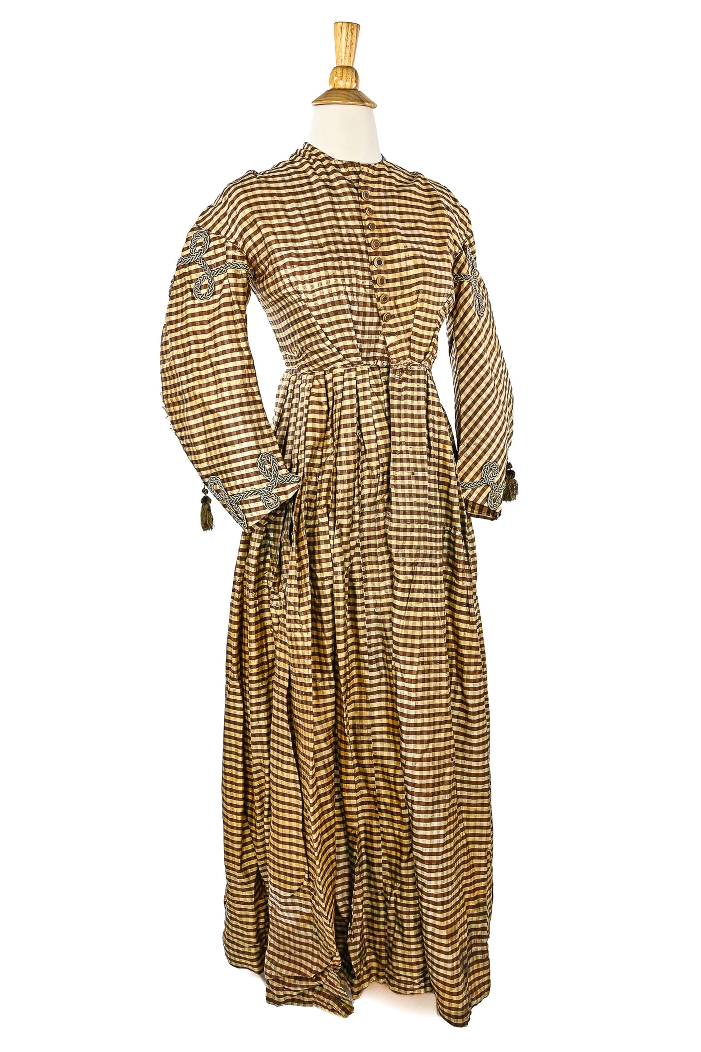 Ca. 1880 Brown Plaid Silk Dress: Ca. 1880 brown plaid silk one piece dress. Cord and tassel detailing. Some small holes, staining. Old repairs.