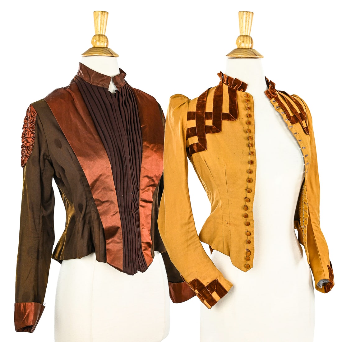 2 Victorian Tops: 2 Victorian tops. One in mustard wool with brown velvet detailing and tails. Second in brown silk with dots and rust satin detailing. Good condition.