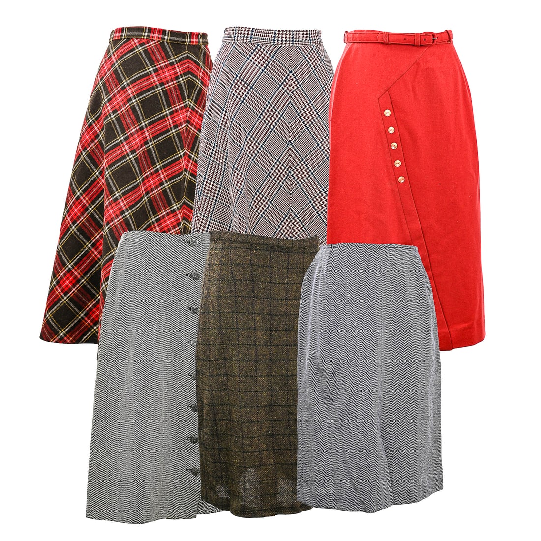 7 Mid 20th c Plaid, Tweed, Twill Wool Skirts: 7 Mid 20th c plaid, twill, tweed wool skirts- plaid (13" x 26"), button down blue tweed (12" x 27"), dark brown tweed (14" x 26"), red, white, & blue tweed (14" x 30"), red wool with belt and Bradley 