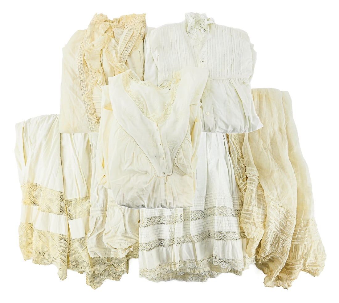 Group of Women’s White Linen Nightwear, Approx. 10 Pieces: Assortment of about 10 pieces of women’s white linen nightwear. Includes long gowns and tops, with variations in style and age.
