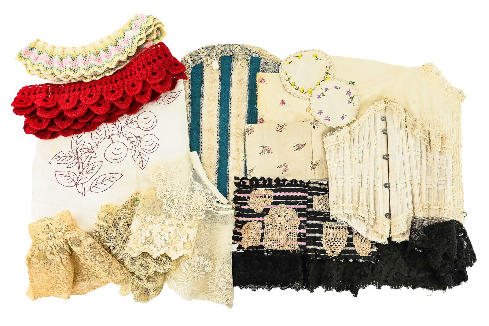 Assortment of Lace and Outfit Pieces: Large assortment of Victorian lace and outfit pieces including a corset, half aprons, crochet trims, and embroidery samplers.