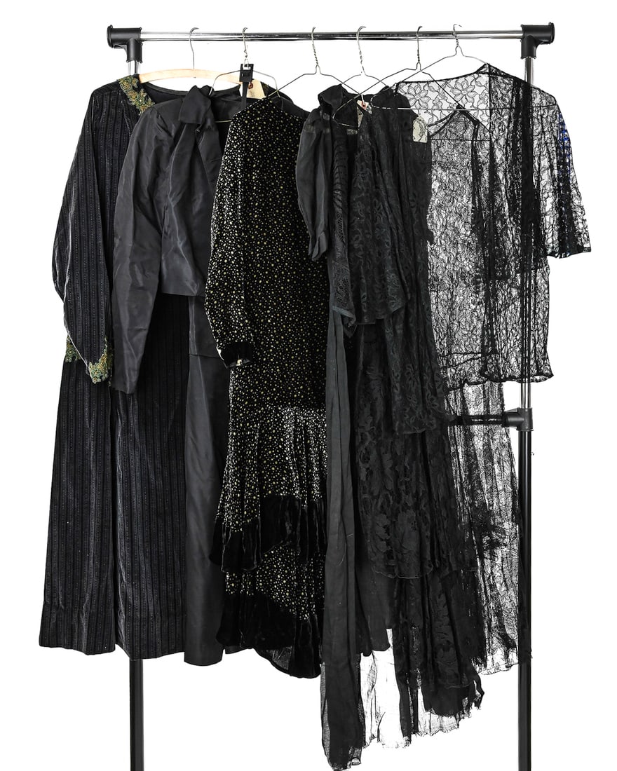 6 Early 20th c Black, Lace, Printed Pattern Dresses (1 of 7)