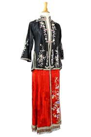 Mid 20th c Chinese Embroidered Silk Wedding Jacket & Skirt