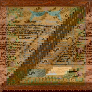 Seth Phillips and Ruth Allen Royalston Family Record: Ca 1820 Seth Phillips (1771-1852) and Ruth Allen (1770- ) Royalston, Massachusetts needlework family record, by family tradition wrought by Sophronia Phillips (1805-1889), with very interesting paintb