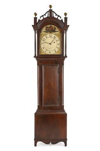 John Bailey Jr., Hanover, MA Dwarf Clock: ca 1820 dwarf tall case clock made by Quaker clockmaker John Bailey, Jr (1751-1823) of Hanover, Massachusetts, maker's name J Bailey Jr. on reverse of face, appears to be a banjo clock set of works, n