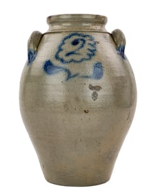 Early Ovoid 2 Gallon Blue Decorated Crock