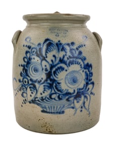 Fort Edward Pottery Co 4 Gallon Blue Decorated Crock