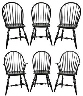 Warren Chair Works- Bow Back Windsor Chairs: Set of Six benchmade Warren Chair Works branded WCW in painted black finish. Two armchairs four side chairs, 33 x 23 x 21" side chairs 16" wide, 17" to seats.