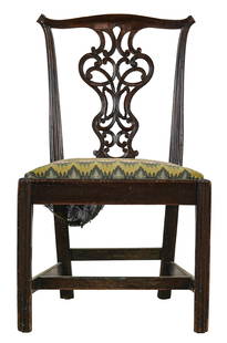18th c American Chippendale Side Chair: 18th c American Chippendale Side chair with moulded legs, and exuberantly carved back panel late 19thc /early 20th c flame stitched upholstery- 37 x 21 x 17" 18" to seat.
