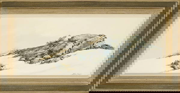 A. Hale Johnson (AM 1937-2022) Rocky Dune: A . Hale Johnson (American 1937-2022) A Rocky Dune - Oil on board signed lower right 10 x 24" 15 x 29" as framed- Johnson had been an established oil landscapist for over four decades. His paintings a