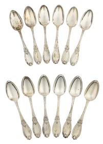 12 Henry Hebbard Grecian Coin Silver Teaspoons