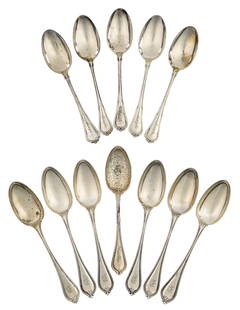 Group of 12 Sterling Silver Teaspoons: Group of 12 sterling silver teaspoons including 6 Towle "Old Newbury" beaded teaspoons having Gothic script "D" monogram, 5 Gorham "Norfolk" pattern teaspoons inscribed "Hazel", and one single Towle "