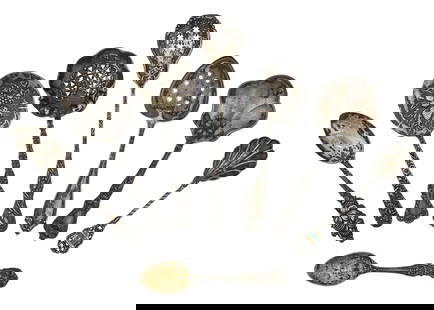 8 pcs. Sterling Silver Serving Flatware: Group of 8 sterling silver serving flatware items including Kirk Repousse bonbon spoon, Reed and Barton Francis I demitasse spoon, corn decorated olive spoon, other bonbon spoons, etc. 4.25" -6.25" 4.