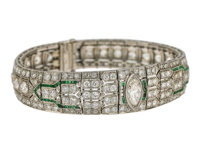 12 CT Art Deco Diamond, Emerald & Platinum Bracelet