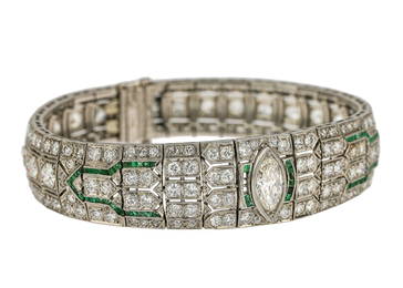 12 CT Art Deco Diamond, Emerald & Platinum Bracelet