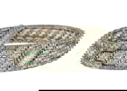 12 CT Art Deco Diamond, Emerald & Platinum Bracelet
