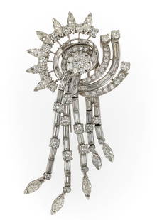 8.5 CT Art Deco Platinum & Diamond Brooch: Fine Art Deco diamond & platinum brooch in a swirl design and 5 hinged hanging legs all set with 12 marquise cut diamonds approx. .25 cts each, 38 banquette cut diamonds from .02 to .1 cts, 60 round c