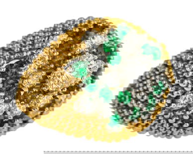 Mid Century 18k, Platinum, Emerald, & Diamond Cocktail Ring: Ca. 1960 mid-century design cocktail ring set with 18k bead design surrounding band. Interior set in platinum with a center round cut diamond .9 ct with 4 rows of 4 diamonds .05 cts each, and 4 rows o