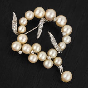 14k Pearl & Diamond Cluster Wreath Brooch Pin