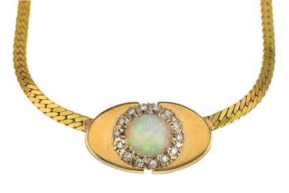 Mid Century 14k Diamond, Opal, Choker Necklace