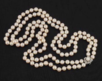 Double Strand Pearl Necklace With Diamond Clasp