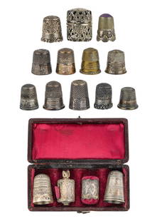Antique Sterling Thimbles, Emeries, Thimble Case: Antique sterling thimbles, emeries, thimble case (16 pcs), leather thimble case