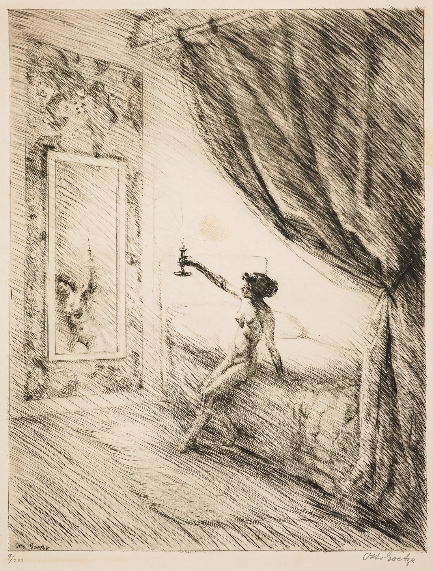 Otto Goetze (DE 1868-1931) In Betrachtung (In reflection): Otto Goetze (German 1868-1931) In Betrachtung (In reflection) Etching on paper signed lower margin editioned 9/200 plate 11.5 x 9" sheet 14.5 x 11" - Goetze's etchings have a singularity of style and 