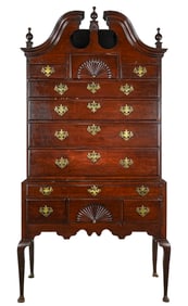 18th c MA Queen Anne Cherry Bonnet top Highboy