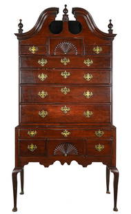 18th c MA Queen Anne Cherry Bonnet top Highboy: 18th c Mass. Queen Anne bonnet top cherry highboy, with well carved fans, pinwheel carving, later hardware in original holes, legs have been replaced and ended out. Top and bottom cases match. some sc