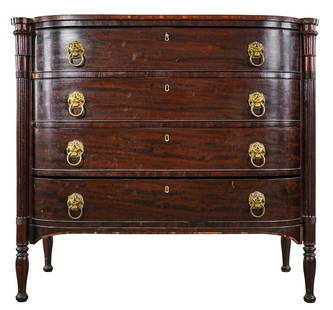 19th c Sheraton Mahogany bow front chest: 19th c Sheraton Mahogany bow front chest with lion's head pulls , cookie corners, 40 x 39 x 20"