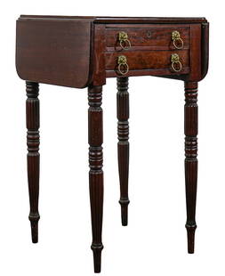 Sheraton Reeded Leg Two Drawer Stand: 19th c Sheraton Reeded leg two drawer work table overall good condition, replaced lion's head pulls 29.5 x 17.5 x 17" leaves 7.5"