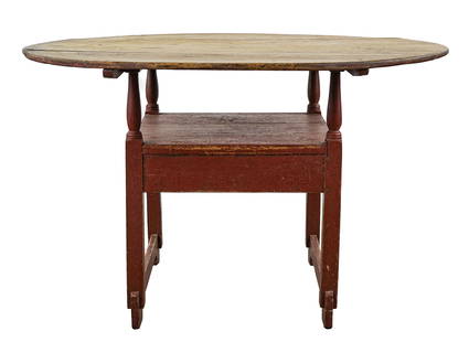18th c Hutch Table in Red: 18th c New England Hutch table in original red paint, pine with birch secondary woods, age cracks in top. Top 48" diameter, base 27 x 22.5 x 22.5" 19" to seat.