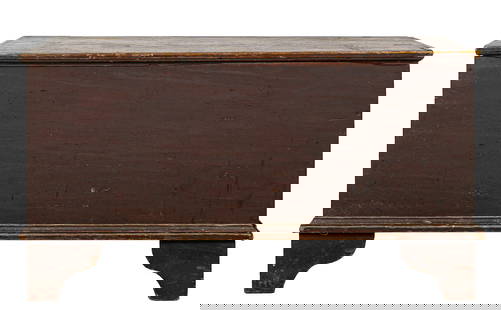 19th c Pine Bootjack End Blanket Box: Ca. 1800 Vermont Pine Bootjack End Blanket Box in red wash old snipe hinges 25 x 45 x 19"