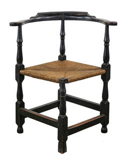 18th c New England Corner Chair: 18th c New England walnut corner chair minor losses and repairs, in nicely worn in black finish 31 x 28 x 25"