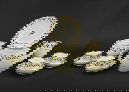 ca. 1815 John Rogers Pearlware 12 pc. Tea Set: Fine ca. 1815 John Rogers pearlware soft paste porcelain tea set including teapot, covered sugar bowl and creamer, plate, 4 handless cups and 4 saucers, blue, olive, yellow and brown stylized festoon