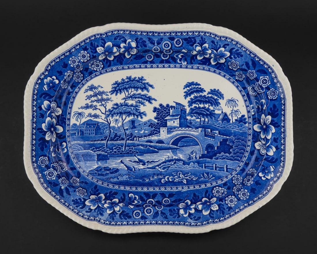 Spode's Tower Blue Transferware Serving Platter: Early 20th c. Copeland "Spode's Tower" blue scenic decorated transferware large turkey or serving platter having gadrooned rim, overall very good condition. 16.25" x 20.75"