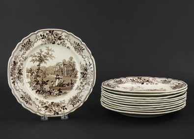 Set of 11 Brown Scenic Transferware Dinner Plates