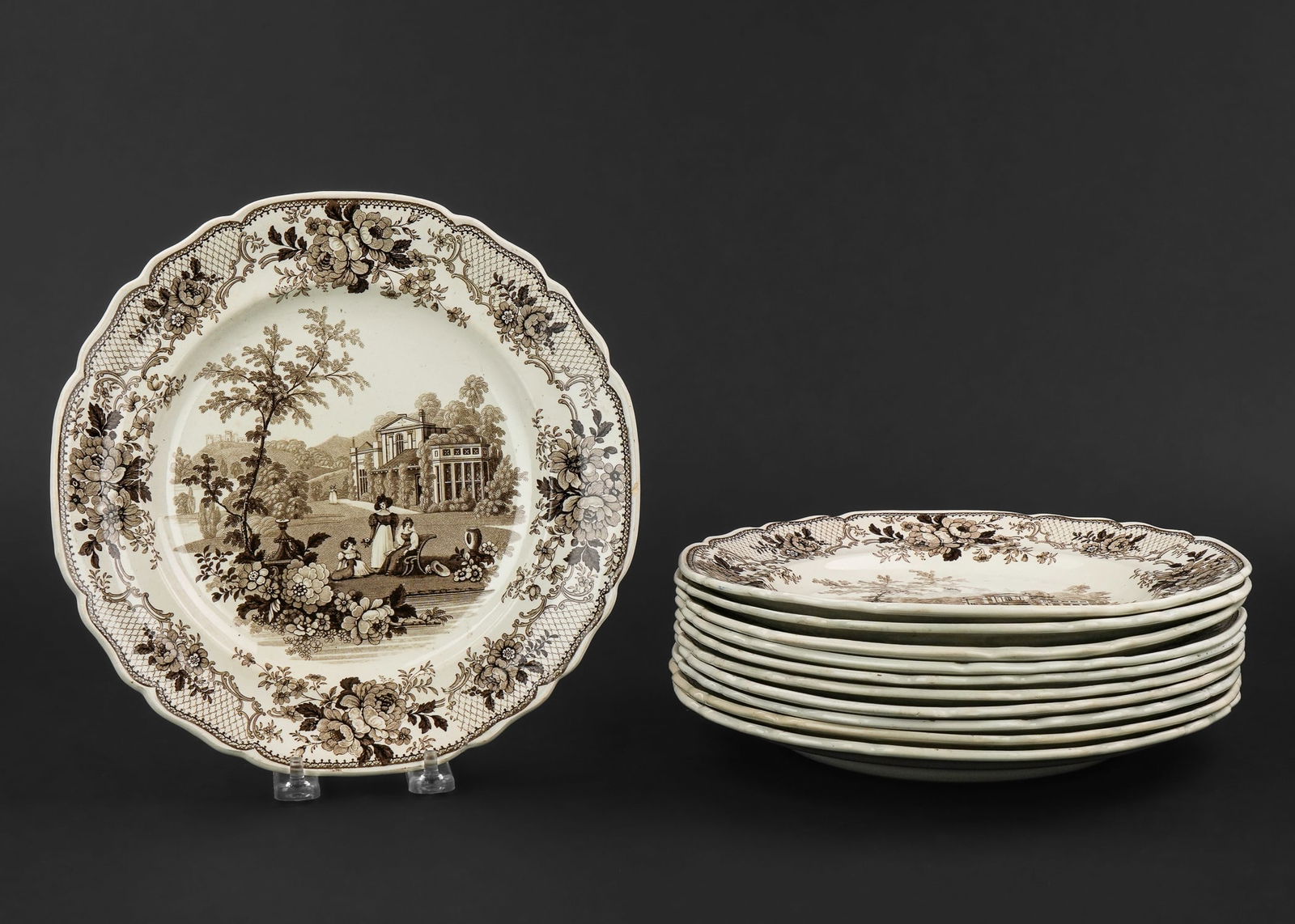 Set of 11 Brown Scenic Transferware Dinner Plates (1 of 5)